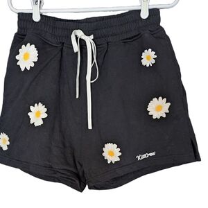 Kill Crew Unisex Daisy Print Athletic Shorts Black Drawstring Gym Size Large